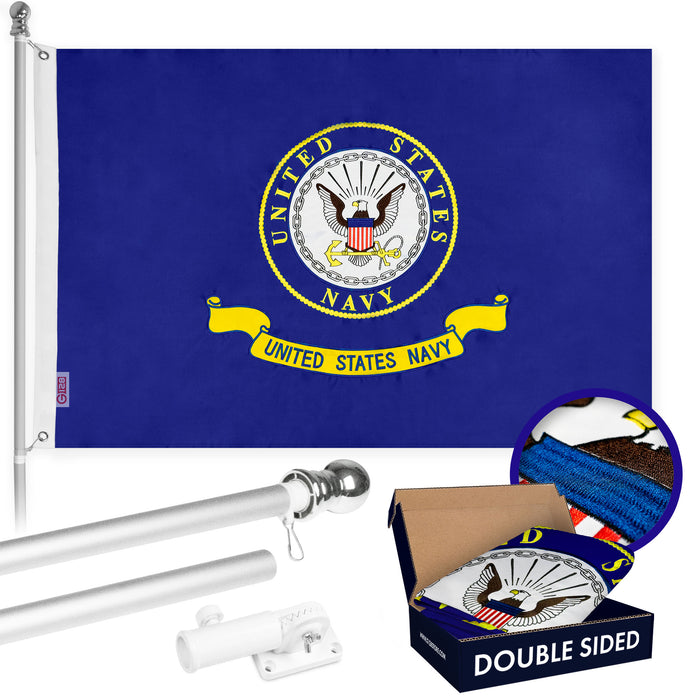 G128 - 5 Feet Tangle Free Spinning Flagpole (Silver) US Navy SEAL Flag Double Sided Brass Grommets Embroidered 2x3 ft (Flag Included) Aluminum Flag Pole