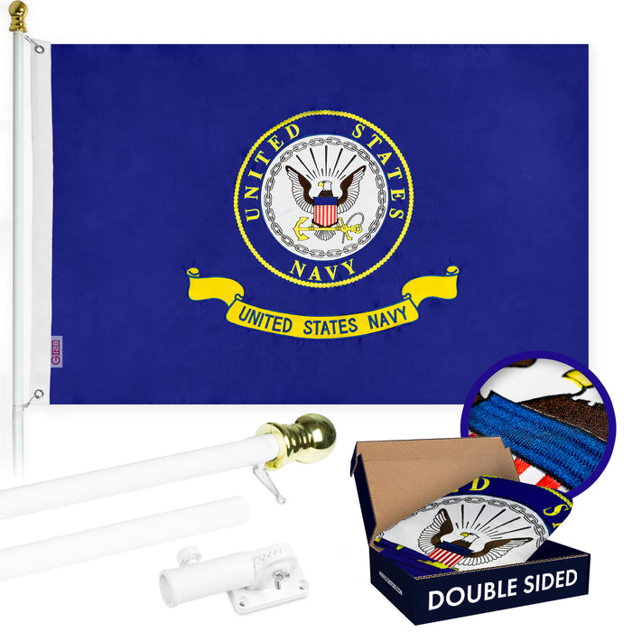 G128 - 6 Feet Tangle Free Spinning Flagpole (White) US Navy SEAL Double Sided Brass Grommets Embroidered 3x5 ft (Flag Included) Aluminum Flag Pole