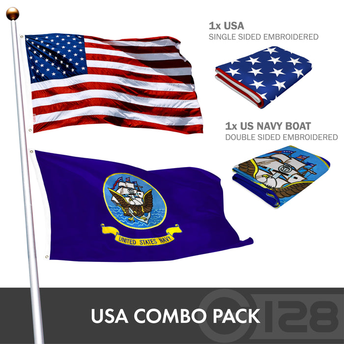 COMBO PACK: American Flag Embroidered Polyester 3x5 Ft & US Navy Flag Embroidered