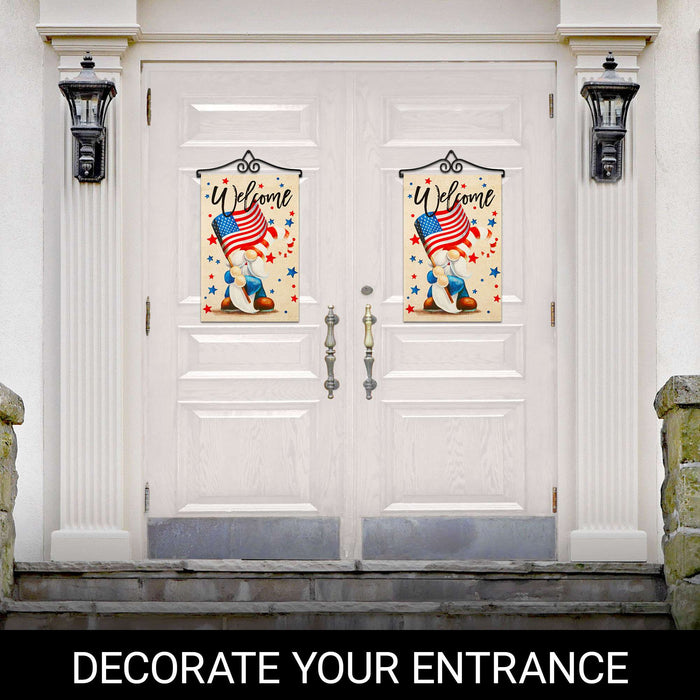 G128 Combo Pack Garden Flag Hanger 14IN & Garden Flag Welcome Patriotic Gnome Printed 12x18IN Double Sided