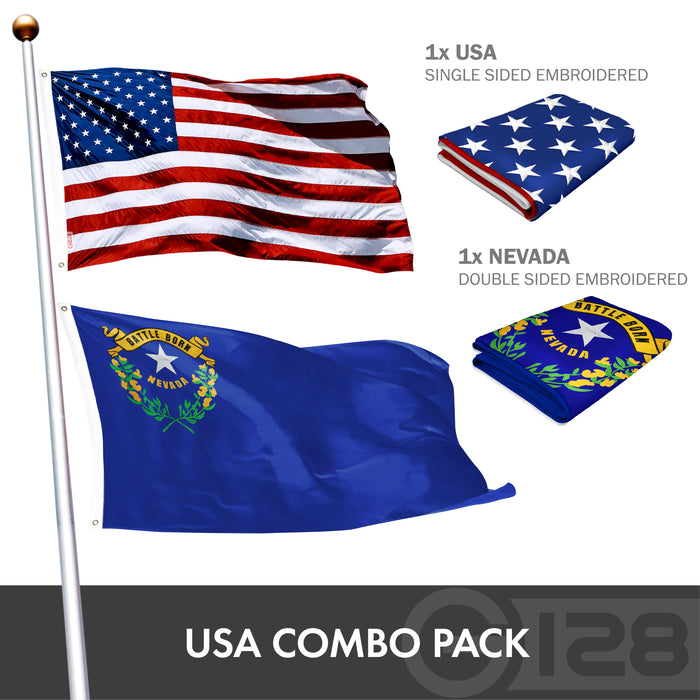 G128 Combo Pack: USA American Flag 3x5 Ft Embroidered Stars & Nevada State Flag 3x5 Ft Embroidered Double Sided 2ply