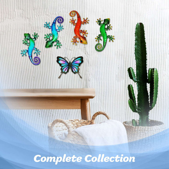 G128 Lizard Gecko Metal Wall Art Set | Green Orange Gecko Lizard Metal Indoor Outdoor Wall Art Hanging Decor for Bedroom, Living Room, Garden, Patio