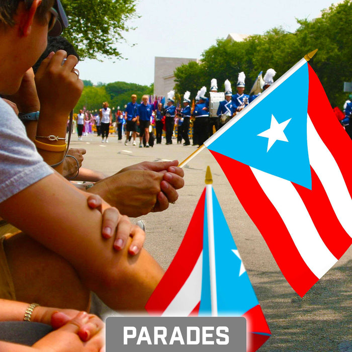 G128 Puerto Rico Light Blue Handheld Stick Flag 8"x12" (24 Pack) | Printed 150D Polyester, Solid Plastic Stick, Spear White Tip