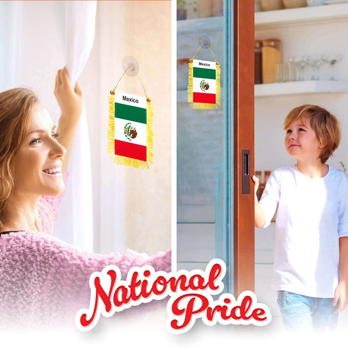 G128 2 Pack: Mexico Mexican Fringy Flag | 3x5IN | Fringy Hanging Double Sided Flag with Suction Cup, Window and Car Rearview Mirror Decor