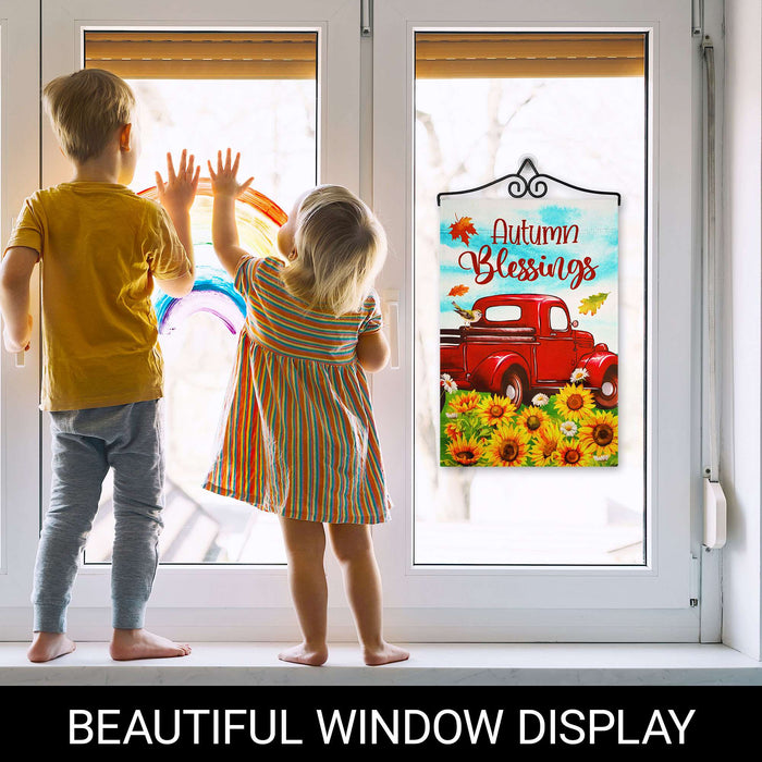 G128 12x18IN Autumn Blessings Red Truck Sunflower Garden Flag with 14IN Hanger