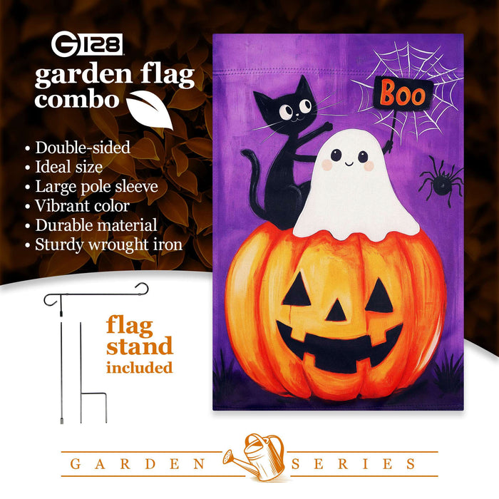 G128 36x16IN Garden Flag Stand & 12x18 Halloween Ghost Cat Flag Kit