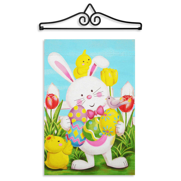 G128 Combo Pack Garden Flag Hanger 14IN & Garden Flag Happy Easter White Bunny with Easter Eggs Printed 12x18IN Double Sided