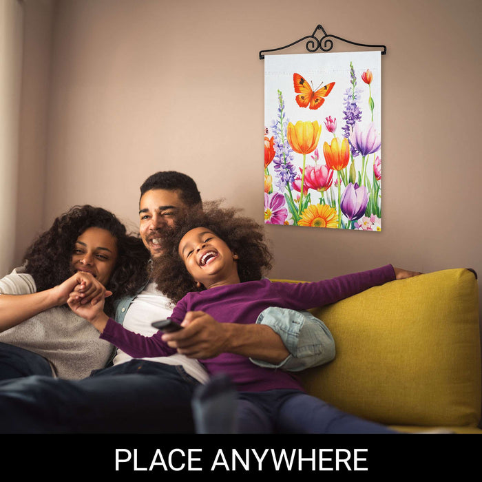 G128 12x18IN Spring Tulip Butterfly Floral Garden Flag with 14IN Hanger