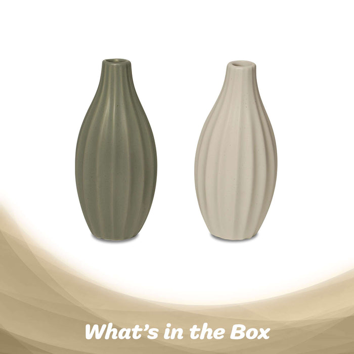 G128 2 Pcs 7.75 In Tall Modern Ceramic Vase Set Decorative Ribbed Vases Olive Green and Cream Elegant Home Decoration for Living Room Bedroom Office or Bathroom