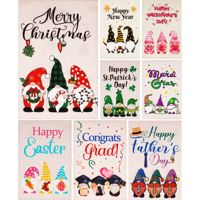 G128 set of 8 holiday and celebration gnomes garden flags, 12x18 inch