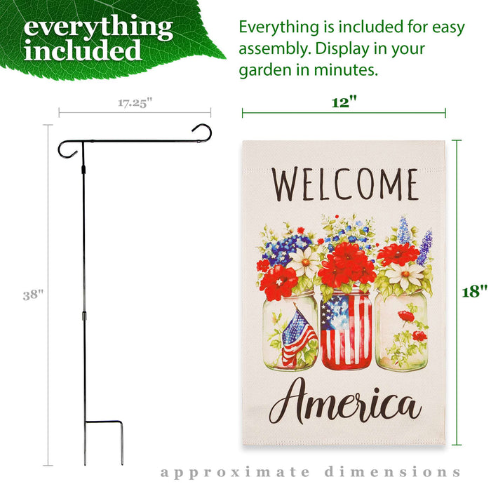 G128 Combo Pack Garden Flag Stand Black 36x16IN & Garden Flag Welcome America Mason Jars Printed 12x18IN Double Sided Yard Garden Lawn Decoration