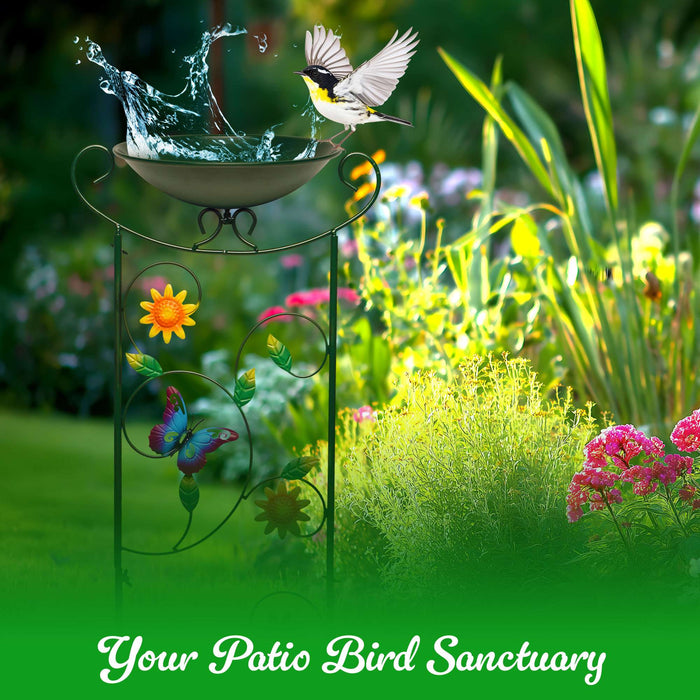 G128 35 Inch Antique Garden Iron Bird Bath with Trellis, Decorative Butterfly, Detachable Bowl, Metal Potted Plant Support, Elegant Outdoor Garden Bird Feeder