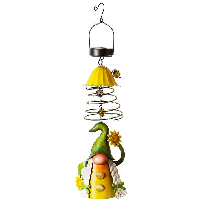 G128 Solar Garden Gnome Hanging Outdoor Decoration | Green Hat Gnome with Sunflowers, LED Lights Color Changing, Colorful Yard Art for Lawn Patio Backyard
