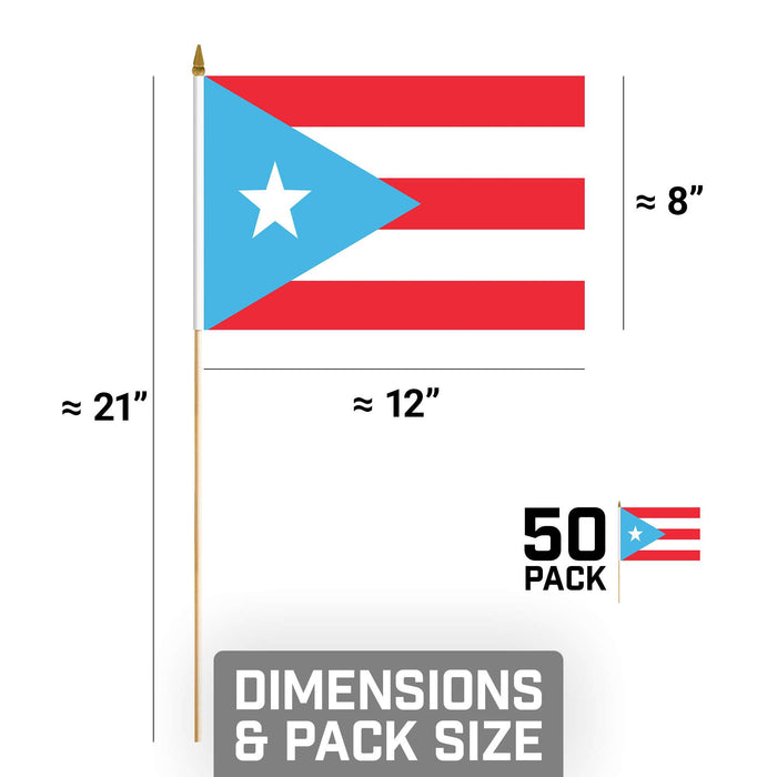 G128 Puerto Rico Light Blue Handheld Stick Flag 8"x12" (50 Pack) | Printed 150D Polyester, Solid Plastic Stick, Spear White Tip