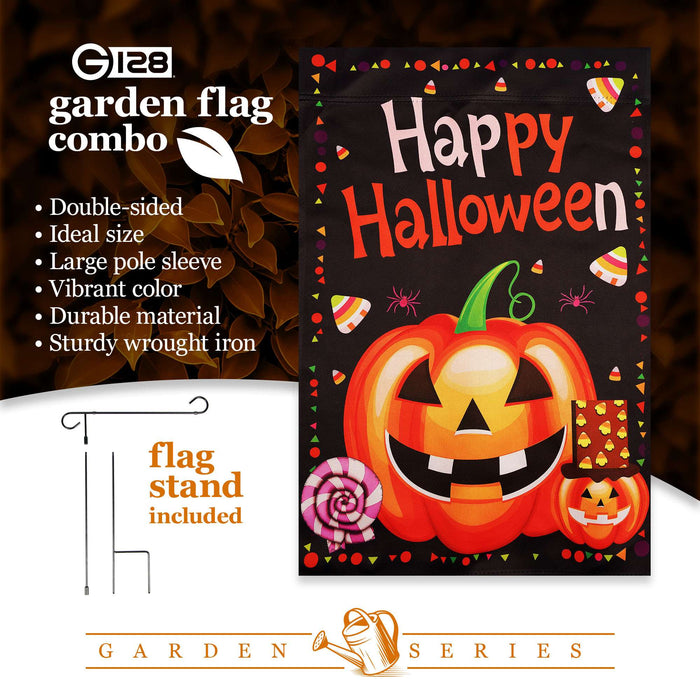 G128 36x16IN Garden Flag Stand & 12x18 Happy Halloween Pumpkin Flag Kit