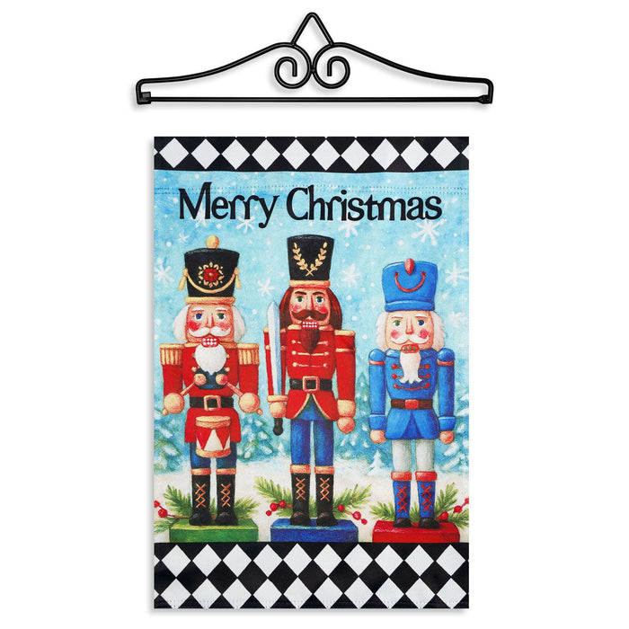 G128 12x18IN Merry Christmas Three Nutcrackers Garden Flag with 14IN Hanger