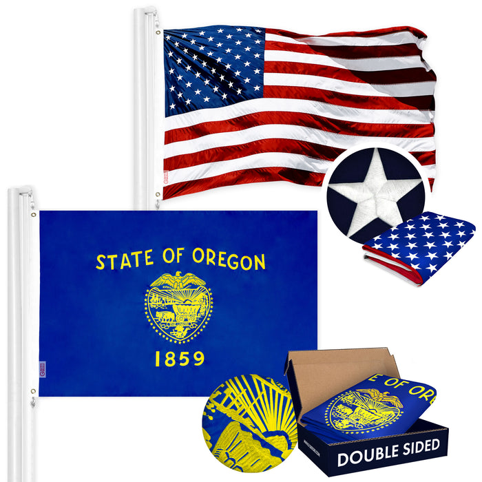 G128 Combo Pack: USA American Flag 3x5 Ft Embroidered Stars & Oregon State Flag 3x5 Ft Embroidered Double Sided 2ply