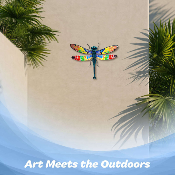 G128 dragonfly stained glass metal wall art with mosaic glass wings, 15 inch nominal size