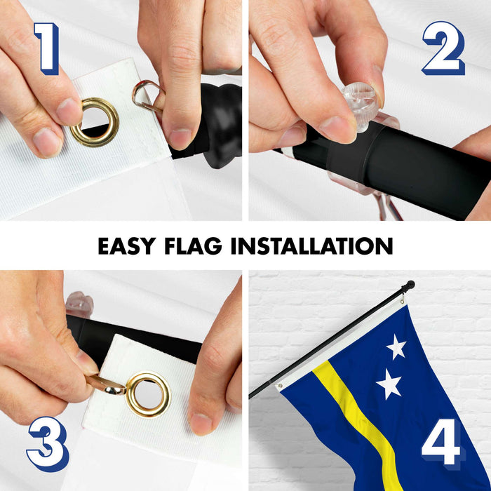 G128 Combo Pack: 6 Ft Twist Free Aluminum Spinning Flagpole (Black) & Curacao Flag | 3x5 Ft | LiteWeave Pro Series Printed 150D Polyester | Pole with Flag Included
