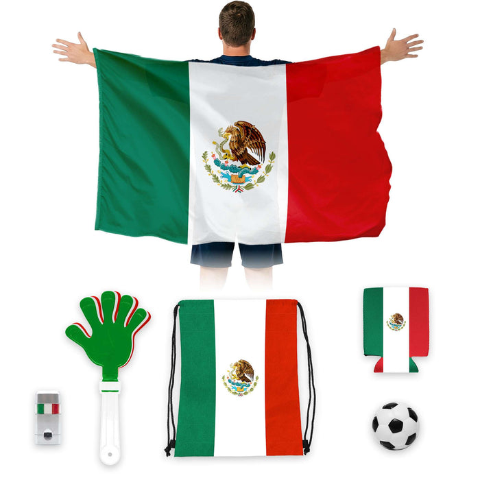 G128 World Soccer Tournament 2026 Cup Soccer Fan Set 6PCS, Mexico Fan Merch with Flag and Koozie, Accessories for Sports Parties