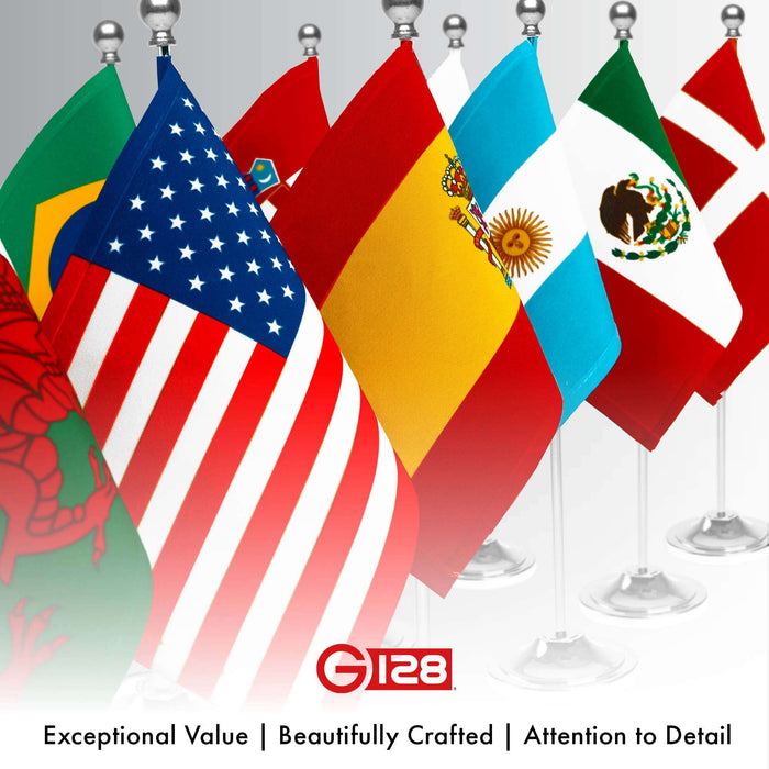 G128 Puerto Rico Puerto Rican Deluxe Desk Flag Set | 8.5x5.5 In | Printed 300D Polyester, with Silver Dome and Base, 15" Metal Pole, Decorations For Office, Home and Festival Events Celebration