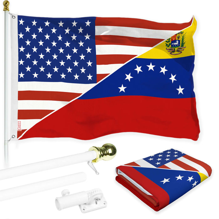 G128 Combo Pack: 6 Ft Twist Free Aluminum Spinning Flagpole (White) & Venezuela 7 Stars USA Friendship Flag | 3x5 Ft | LiteWeave Pro Series Printed 150D Polyester | Pole with Flag Included