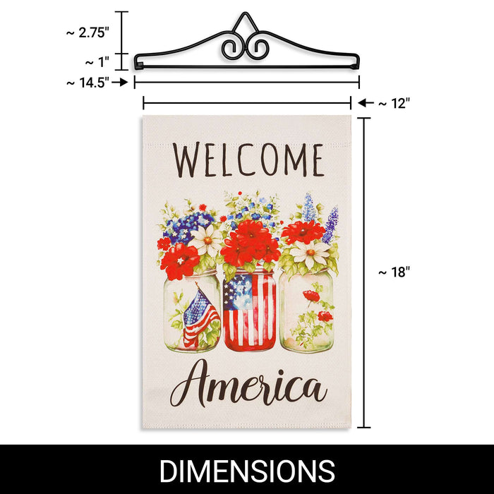G128 Combo Pack Garden Flag Hanger 14IN & Garden Flag Welcome America Mason Jars Printed 12x18IN Double Sided Yard Garden Lawn Decoration