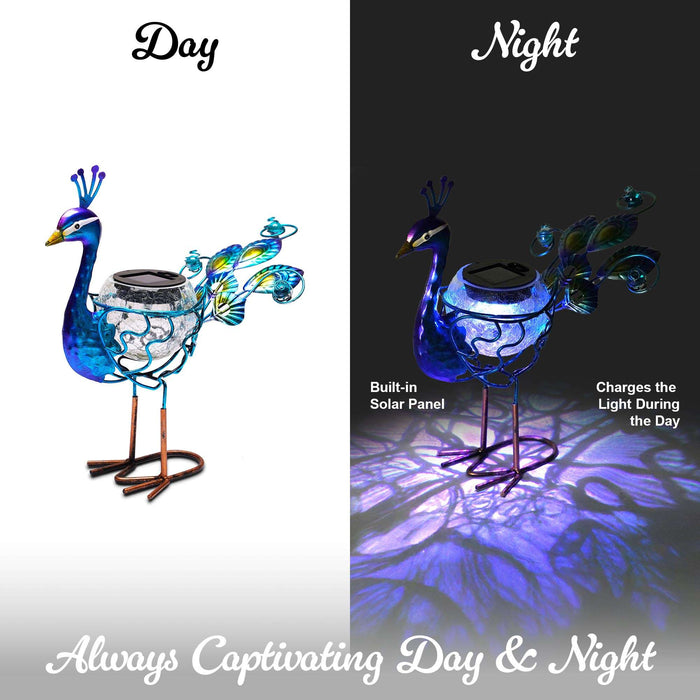 G128 Solar Metal Peacock Garden Statue | 12 Inch Waterproof Peacock Yard Art with Solar-Powered Light for Lawn, Patio, and Backyard