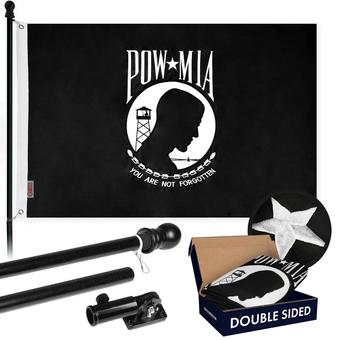 G128 - 5 Feet Tangle Free Spinning Flagpole (Black) POW/MIA Flag Double Sided Brass Grommets Embroidered 2x3 ft (Flag Included) Aluminum Flag Pole