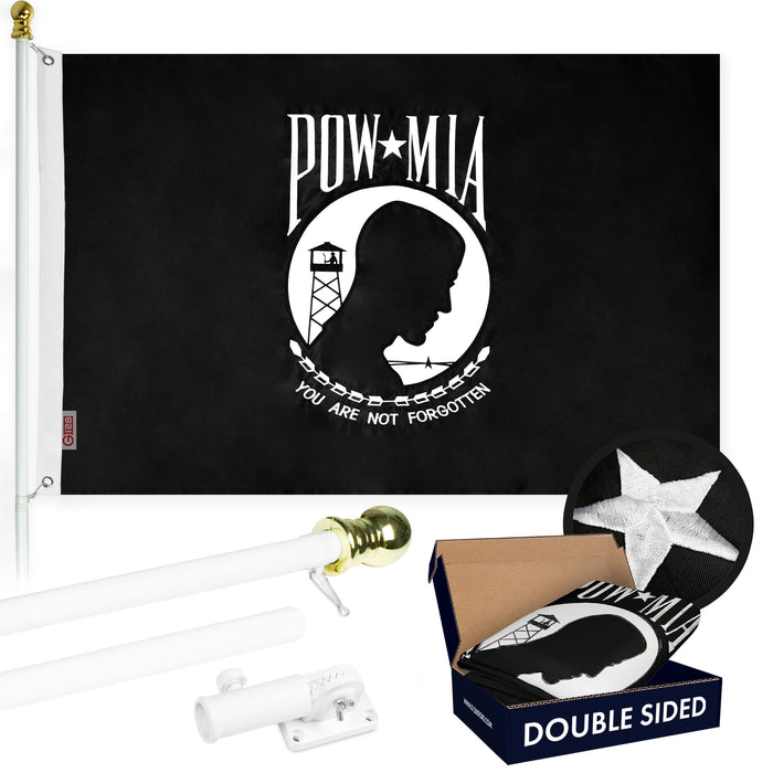 G128 - 5 Feet Tangle Free Spinning Flagpole (White) POW/MIA Flag Double Sided Brass Grommets Embroidered 2x3 ft (Flag Included) Aluminum Flag Pole