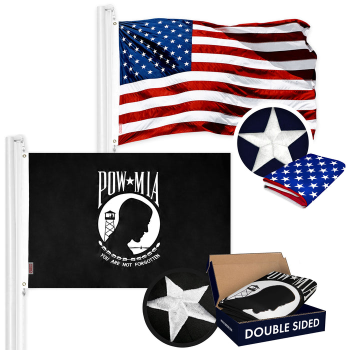 G128 Combo Pack: USA American Flag 3x5 Ft Embroidered Stars & POW MIA Flag 3x5 Ft Embroidered Double Sided 2ply