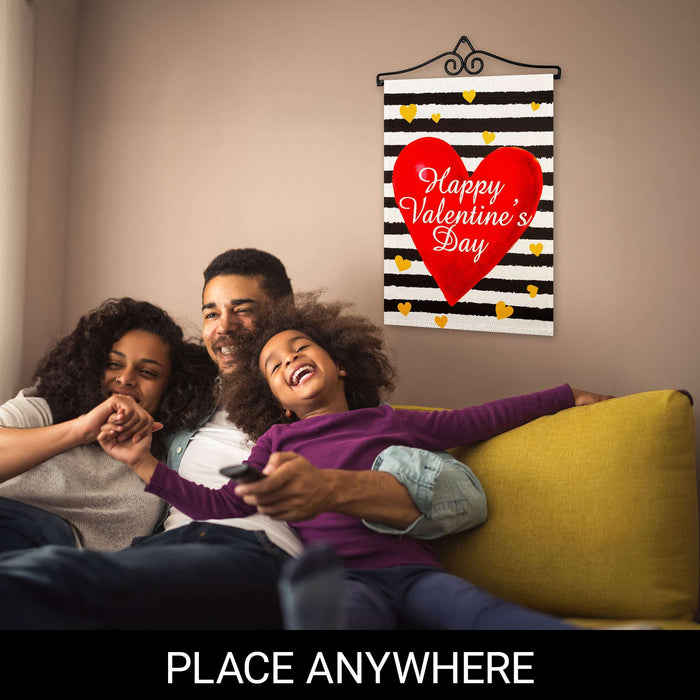 G128 Combo Pack Garden Flag Hanger 14IN & Garden Flag Happy Valentine's Day Striped Heart Printed 12x18IN Double Sided
