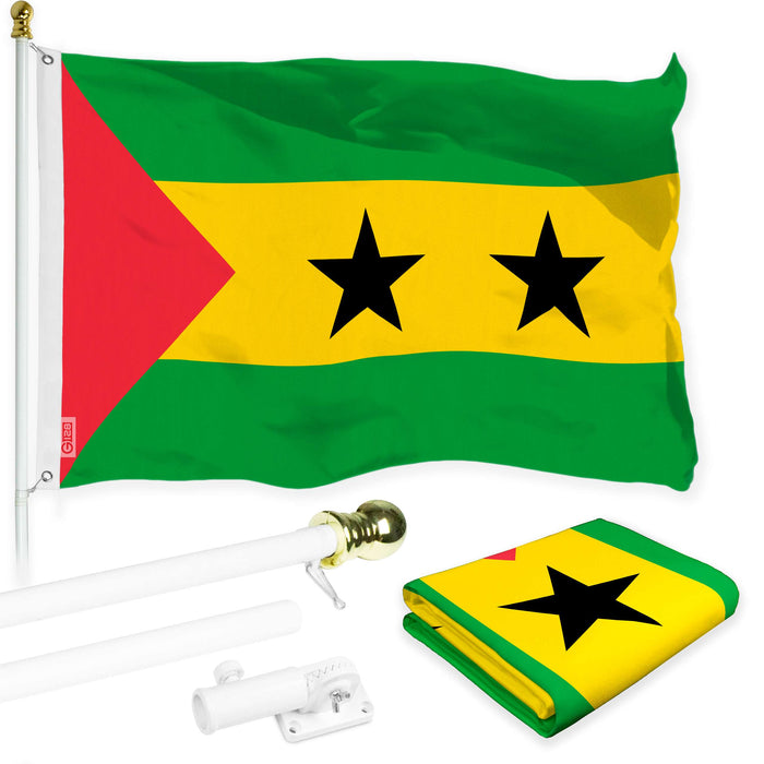 G128 Combo Pack: 6 Ft Twist Free Aluminum Spinning Flagpole (White) & Sao Tome and Principe Flag | 3x5 Ft | LiteWeave Pro Series Printed 150D Polyester | Pole with Flag Included