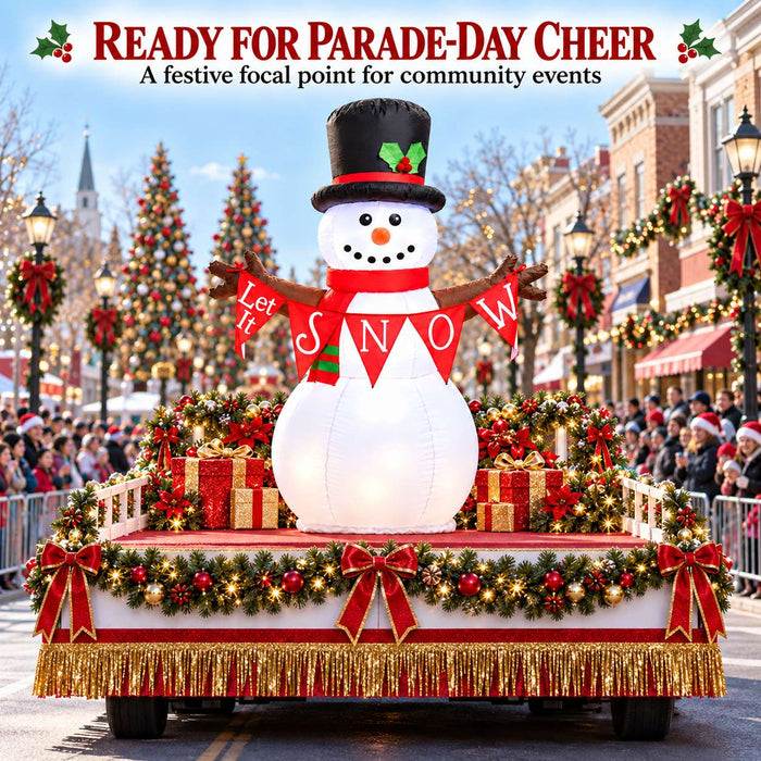 G128 5FT inflatable Christmas snowman with top hat, red scarf and Let It Snow banner lit up in a yard