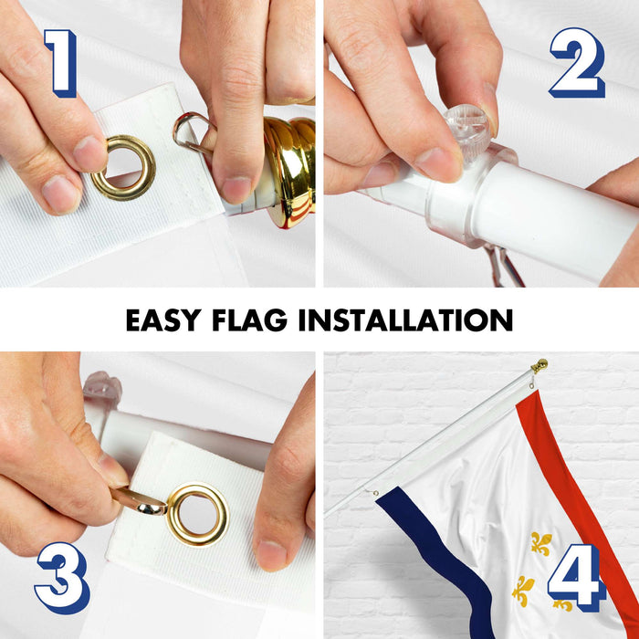 G128 Combo Pack: 6 Ft Twist Free Aluminum Spinning Flagpole (White) & New Orleans Flag | 3x5 Ft | LiteWeave Pro Series Printed 150D Polyester | Pole with Flag Included