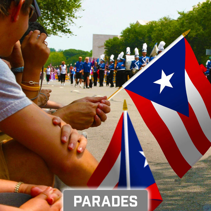G128 24 Pack Handheld Puerto Rico Puerto Rican Stick Flags | 8x12 In | Printed 150D Polyester, Country Flag, Solid Wooden Stick, Spear Gold Tip