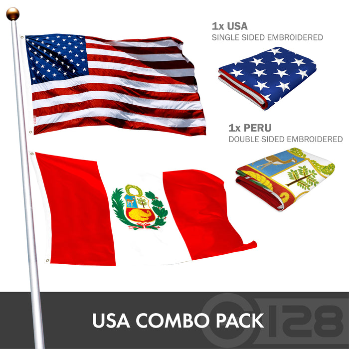 G128 Combo Pack: USA American Flag 3x5 Ft Embroidered Stars & Peru (Peruvian) Flag 3x5 Ft Double-sided Embroidered 210D