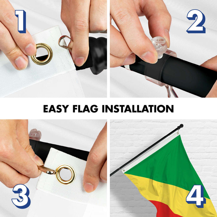 G128 Combo Pack: 6 Ft Twist Free Aluminum Spinning Flagpole (Black) & Republic of the Congo Flag | 3x5 Ft | LiteWeave Pro Series Printed 150D Polyester | Pole with Flag Included