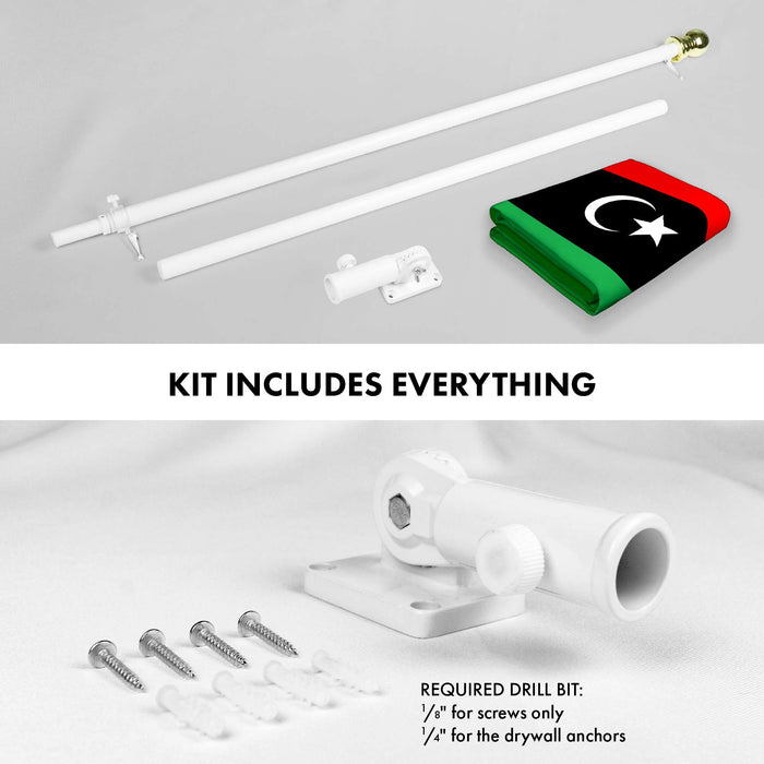 G128 Combo Pack: 6 Ft Twist Free Aluminum Spinning Flagpole (White) & Libya Flag | 3x5 Ft | LiteWeave Pro Series Printed 150D Polyester | Pole with Flag Included