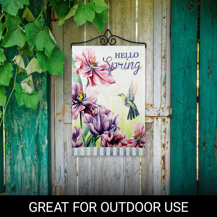 G128 Combo Pack Garden Flag Hanger 14IN & Garden Flag Hello Spring Hummingbird Flowers Printed 12x18IN Double Sided