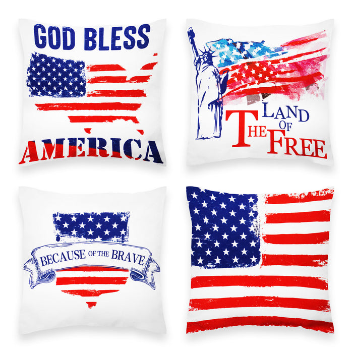 G128 Patriotic Decoration Land of Free Waterproof Throw Pillow Covers | 18 x 18 In | Set of 4, Beautiful Cushion Covers for Independence Memorial Day Sofa Couch Decoration