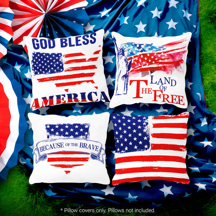 G128 Patriotic Decoration Land of Free Waterproof Throw Pillow Covers | 18 x 18 In | Set of 4, Beautiful Cushion Covers for Independence Memorial Day Sofa Couch Decoration