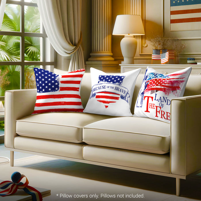 G128 Patriotic Decoration Land of Free Waterproof Throw Pillow Covers | 18 x 18 In | Set of 4, Beautiful Cushion Covers for Independence Memorial Day Sofa Couch Decoration