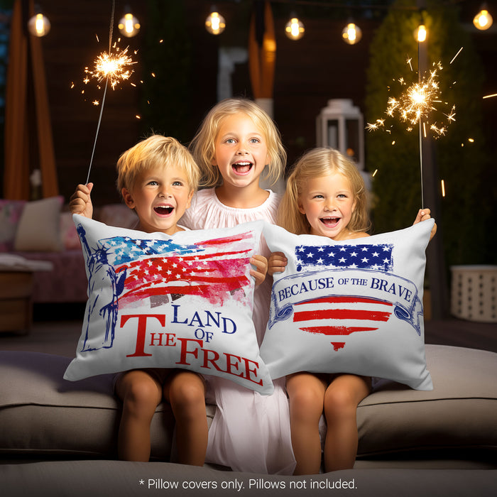 G128 Patriotic Decoration Land of Free Waterproof Throw Pillow Covers | 18 x 18 In | Set of 4, Beautiful Cushion Covers for Independence Memorial Day Sofa Couch Decoration