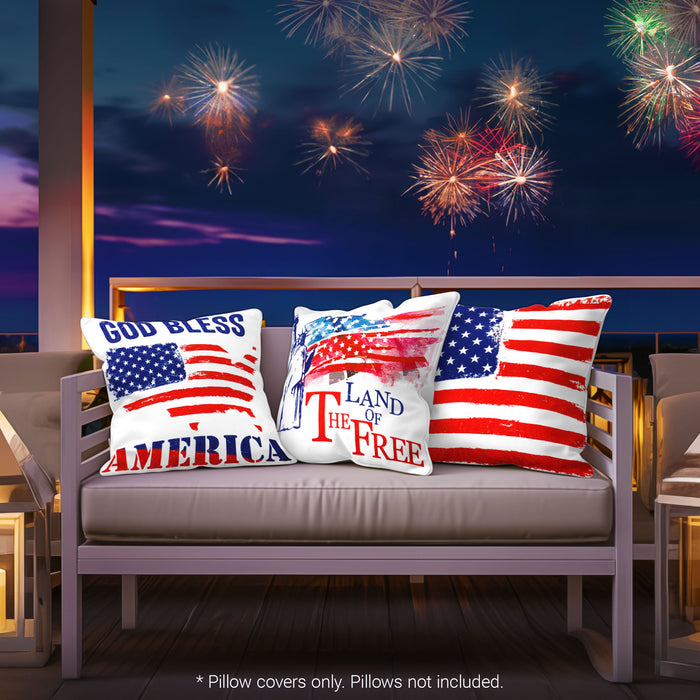 G128 Patriotic Decoration Land of Free Waterproof Throw Pillow Covers | 18 x 18 In | Set of 4, Beautiful Cushion Covers for Independence Memorial Day Sofa Couch Decoration