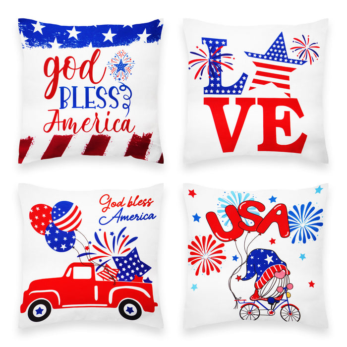 G128 Patriotic Decoration Gnome & Fireworks Waterproof Throw Pillow Covers | 18 x 18 In | Set of 4, Beautiful Cushion Covers for Independence Memorial Day Sofa Couch Decoration