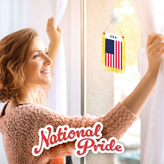 G128 USA American Fringy Flag | Fringy Hanging Double Sided Flag with Suction Cup, Window and Car Rearview Mirror Decor