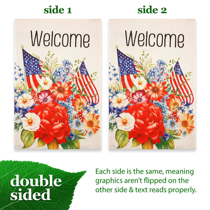 G128 Welcome American Flag Flowers Garden Flag 12x18 In Double Sided Independence Day Yard Garden Lawn Decoration