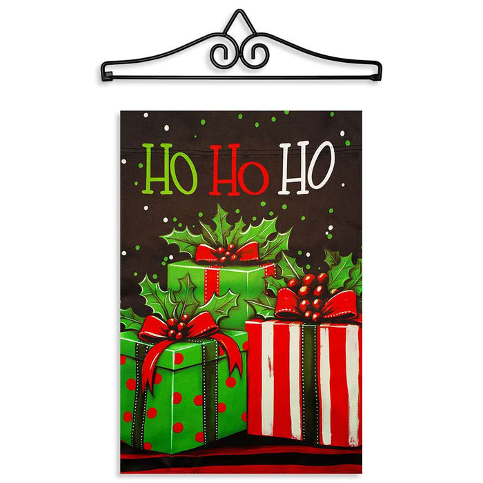 G128 12x18IN Ho Ho Ho Christmas Gift Box Garden Flag with 14IN Hanger