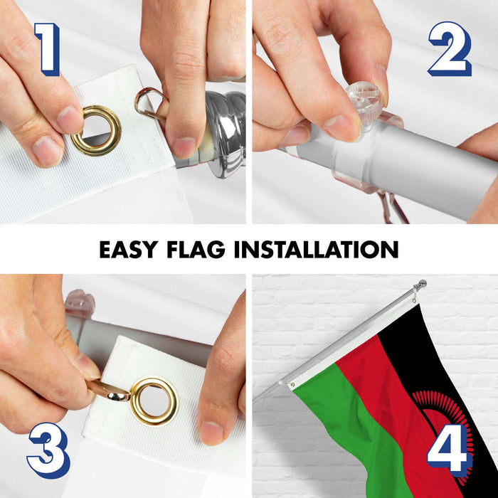 G128 Combo Pack: 6 Ft Twist Free Aluminum Spinning Flagpole (Silver) & Malawi Flag | 3x5 Ft | LiteWeave Pro Series Printed 150D Polyester | Pole with Flag Included